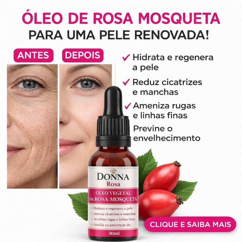 Óleo vegetal de Rosa Mosqueta 100% Puro Clareador Natural de pele Donna Rosa 30mL