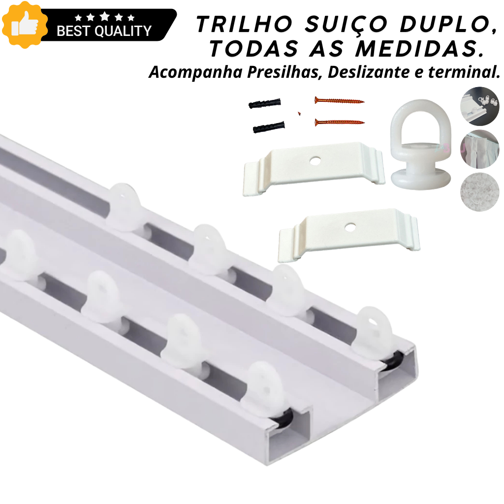 Trilho Suíço Max Duplo de Alumínio para Cortina – Pintura Eletrostática Branca, Ideal Para Sala, Quarto e Escritorio