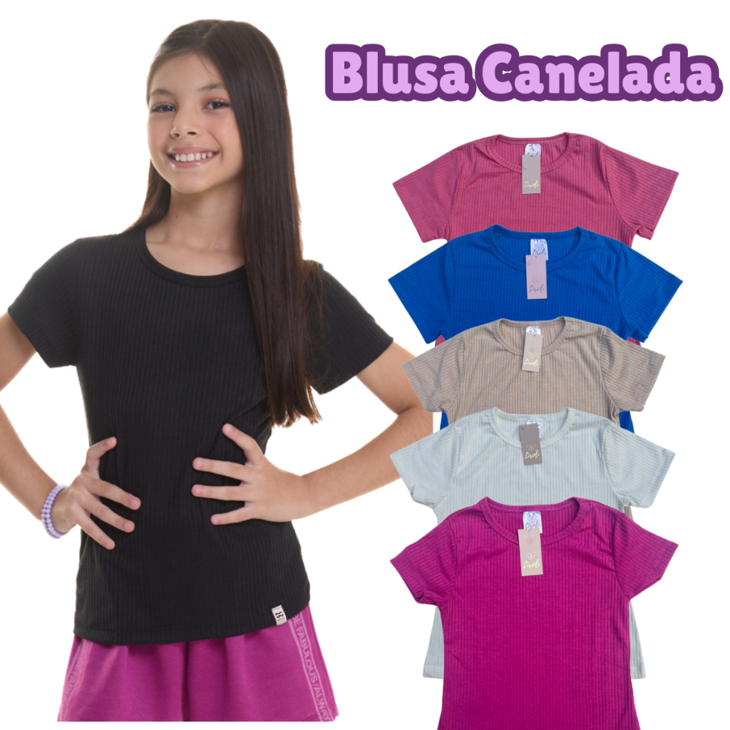 Blusa Manga Curta Canelada Feminino Menina Infantil Juvenil Tamanho 10 ao 16 !