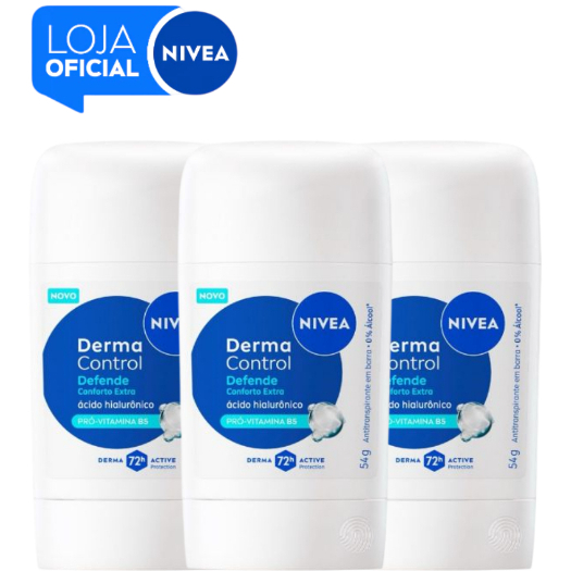 KIT NIVEA Desodorante Stick Derma Control Defende 54g - 3 unidades