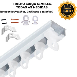 Trilho Suíço Simples Max Alumínio Branco Presilhas + Deslizantes + Terminais  + Parafusos para instalação em Oferta na Shopee