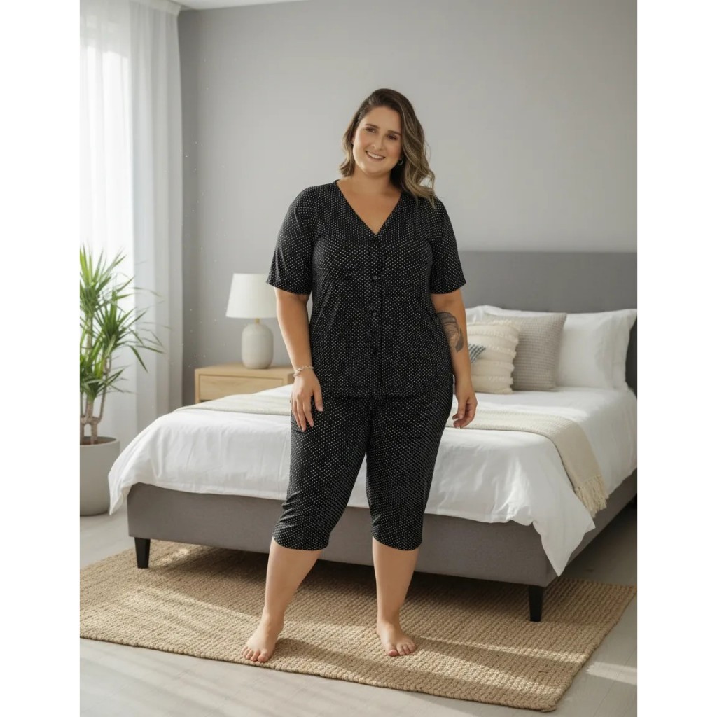 Pijama Pescador Plus Size Capri Bermudão Botões Liganete em Oferta na Shopee