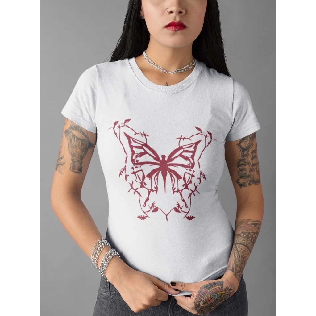 Baby Tee Y2K Feminina- Estampa Borboleta, Conforto Elástico e Versátil para Primavera/Verão/Outono