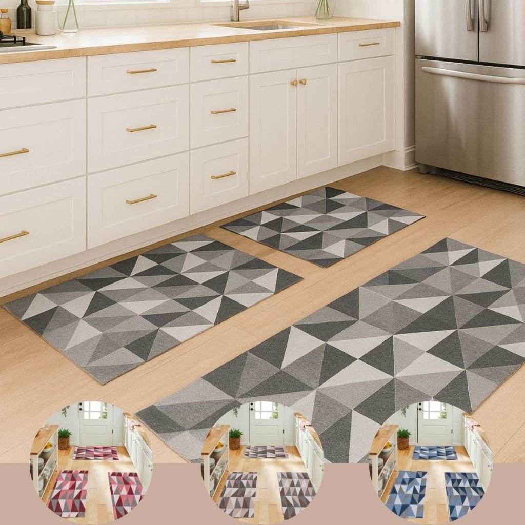 Kit de Passadeiras e Tapetes 3 Peças Antiderrapante Jacquard Geométrico
