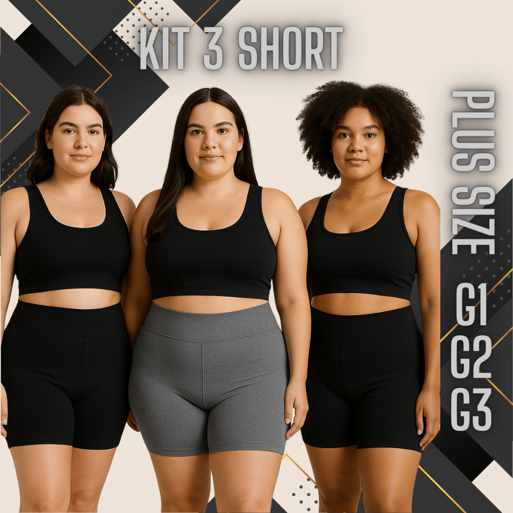 Kit 3 Short Plus Size Fitness Feminino Curto Cintura Alta Suplex