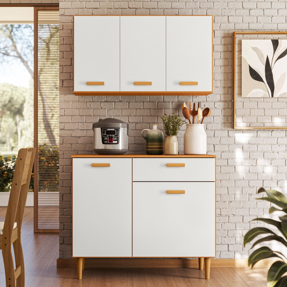 Kit Cozinha Compacta Balcão Aereo Organizador Ester 5 Portas 1 Gaveta Com Tampo