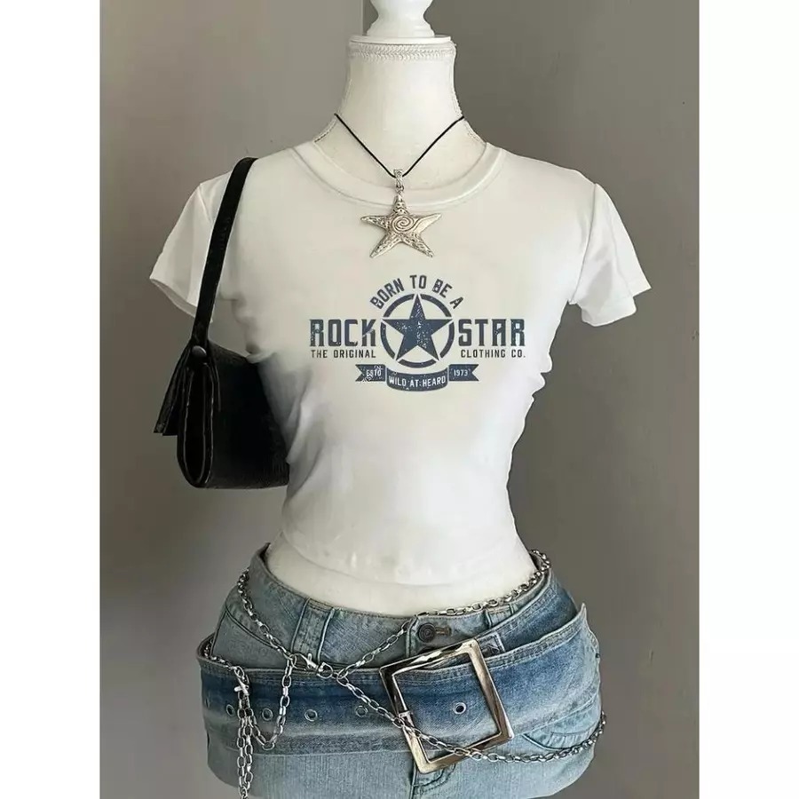 Baby Tee Rock Star camisa de compressão feminina em Oferta na Shopee