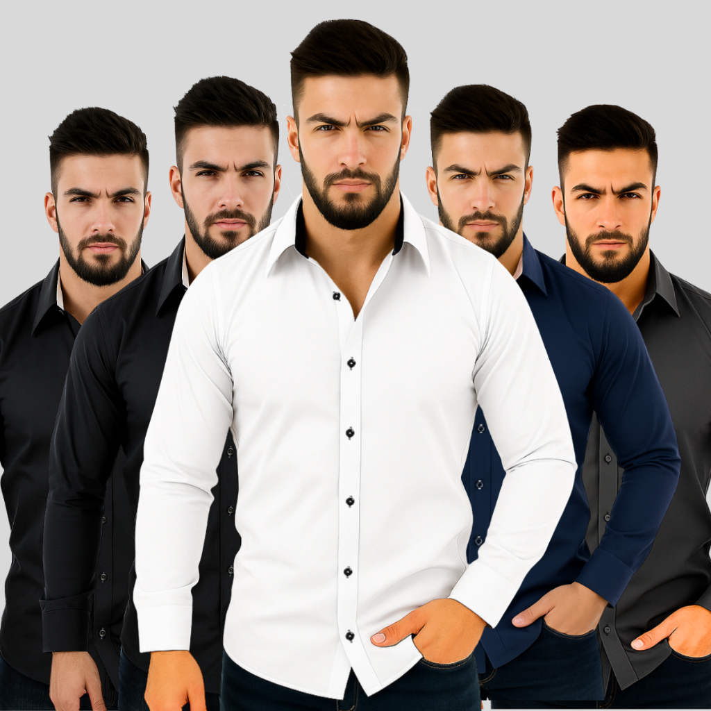 Kit 5 Camisas Sociais Masculinas Slim Fit Manga Longa Tricoline