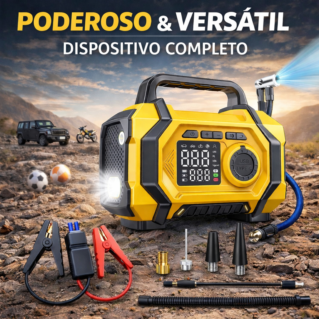 5 em 1 - Auxiliador de Partida Compressor Ar PowerBank Led 8000 mAh 3500 Pa 6 Funções Carro