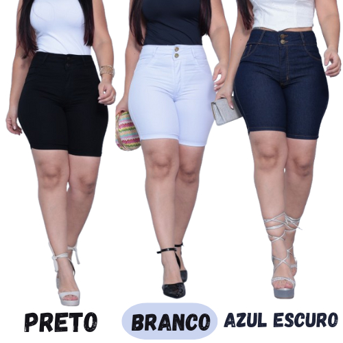 Bermuda Shorts jeans feminino meia coxa com lycra em três Cores Preto,branco e Lavagen Escura em Oferta na Shopee