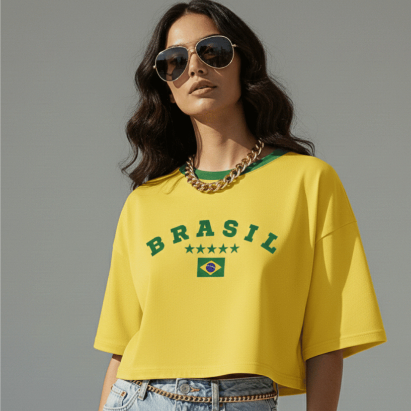 Cropped Oversized Feminino Brasil Copa do Mundo Algodão 100% | Estampa Bandeira