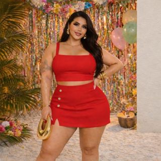 Conjunto Plus Size Cropped + Short-Saia com Botões | Scuba/Liverpool | G GG G1 G2 G3 | Confortável e que Valoriza em Oferta na Shopee
