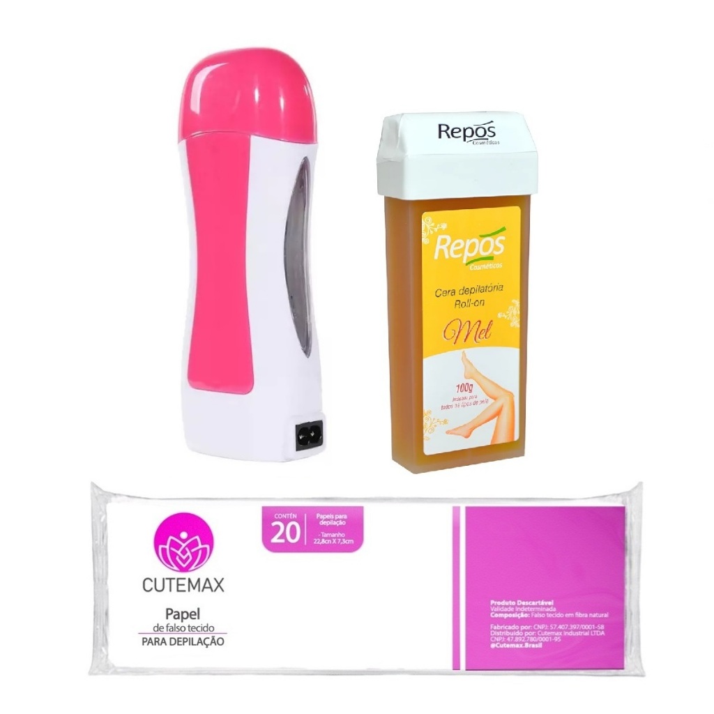 Kit Aquecedor Roll On Depilol 1 Cera Repós Mel 20 Folhas Cutemax Depilador Elétrico Bivolt Depilação