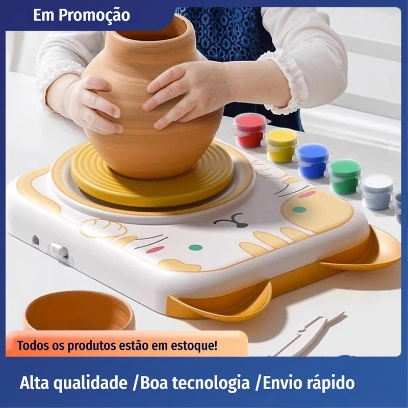 Roda de Cerâmica Elétrica Infantil - Kit 4 argilas, ferramentas e tintas, DIY iniciantes, educação STEAM em Oferta na Shopee
