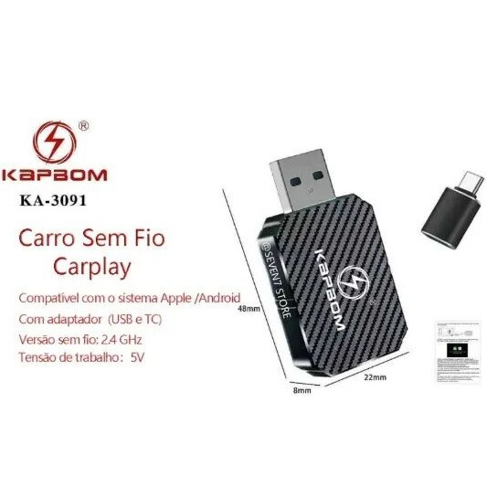 Carplay Adaptador Sem Fio USB Wireless Automático - Para Carro Kapbom
