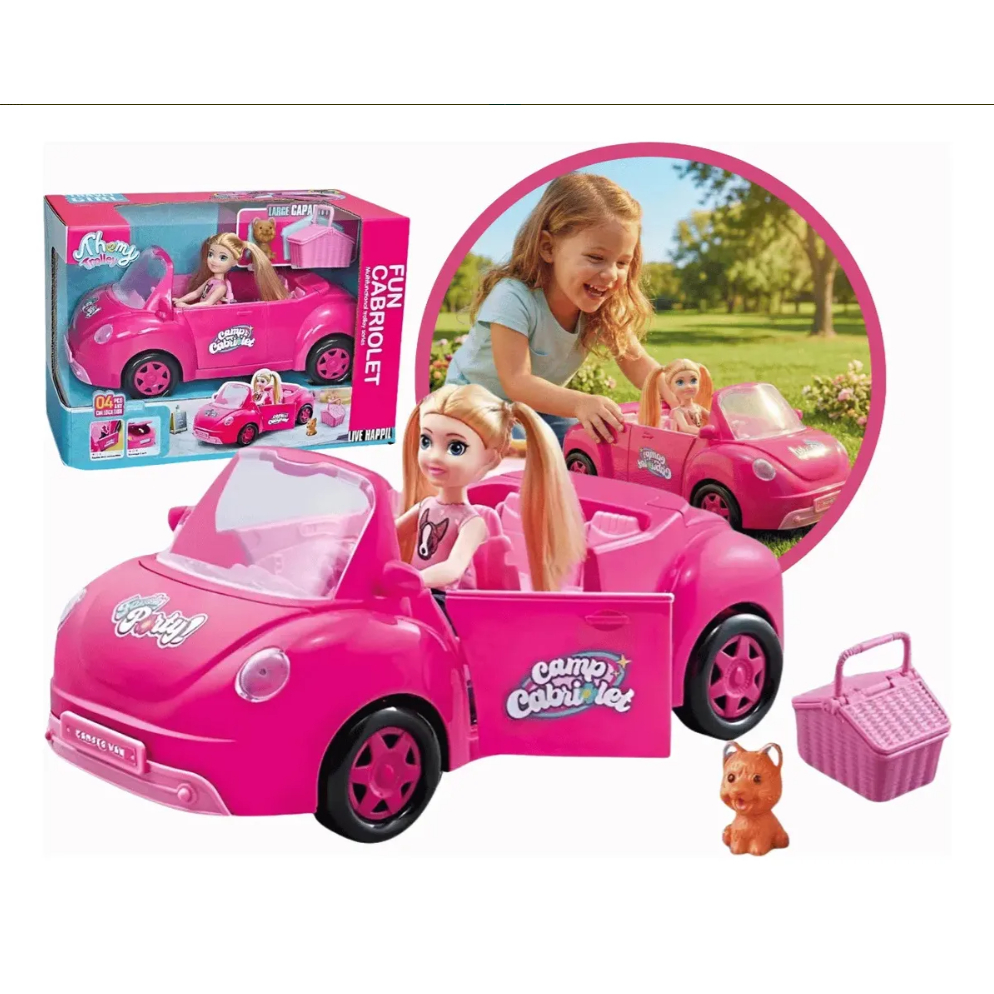 Brinquedo Carrinho Fusca Conversível Com Acessórios Mini Boneca Rosa-chiclete