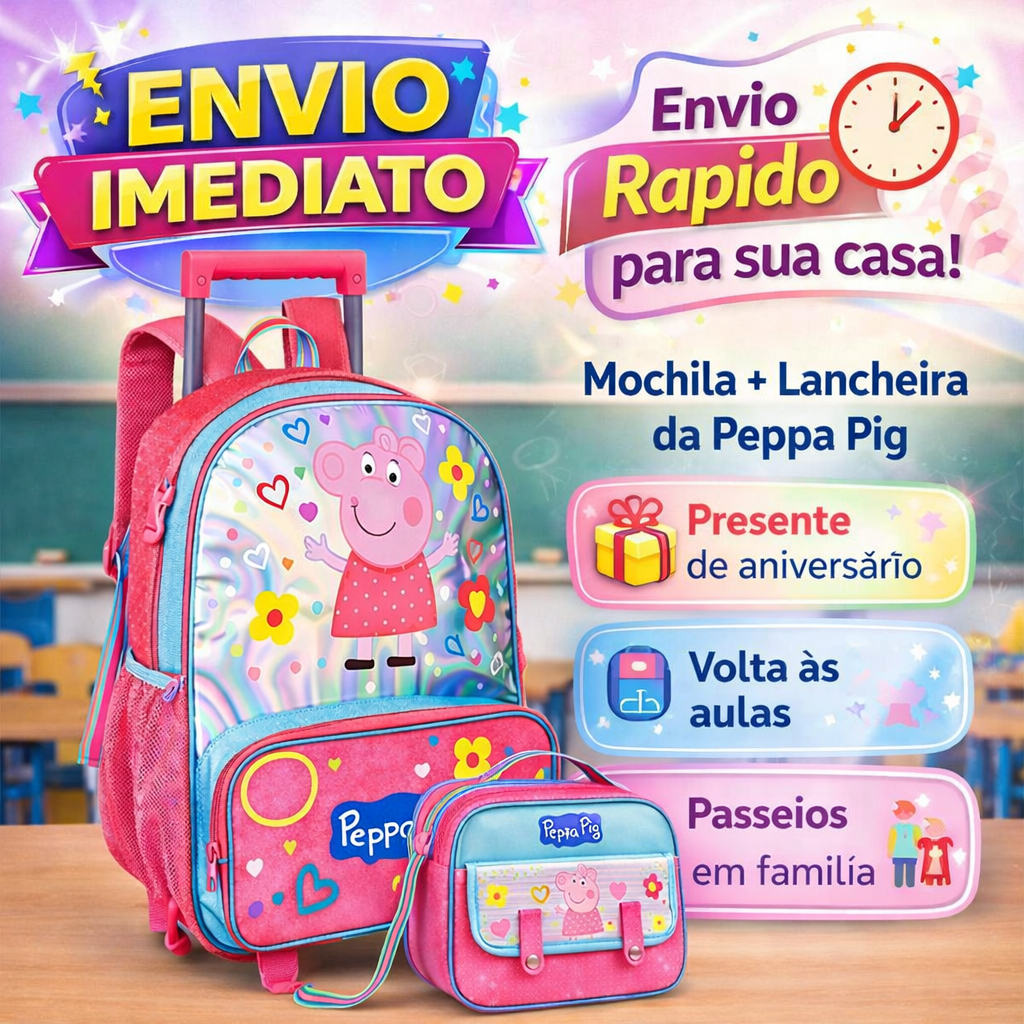 Kit Mochila de Rodinhas Peppa Pig + Lancheira Térmica Escolar Original Rosa Clio em Oferta na Shopee
