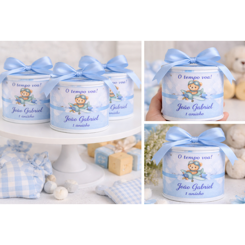 Kit tubolatas personalizadas Ursinho Aviador • Lembrancinha maternidade | batizado | aniversário • 5x6