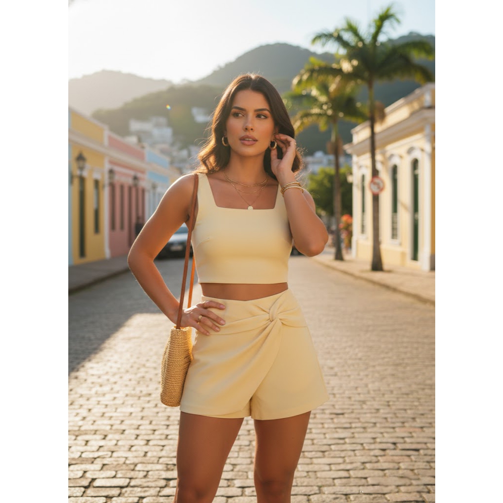 Conjunto Feminina com Short-Saia Ajuste Regular Tecido Alfaiataria Casual Torcido para Férias Estilo Verão em Oferta na Shopee