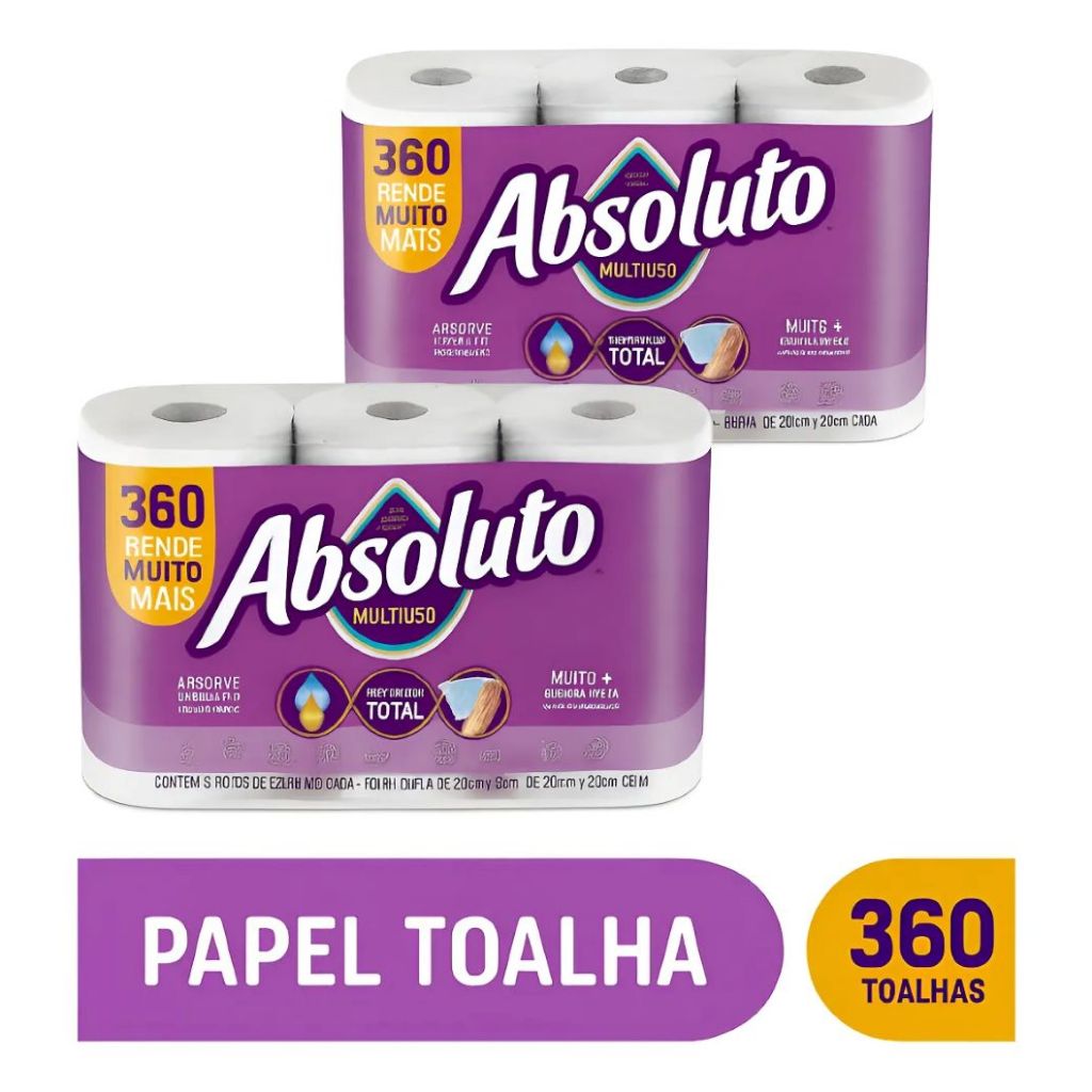 Kit 6 Rolos Papel Toalha Absoluto Multiuso 360 Folha Dupla em Oferta na Shopee