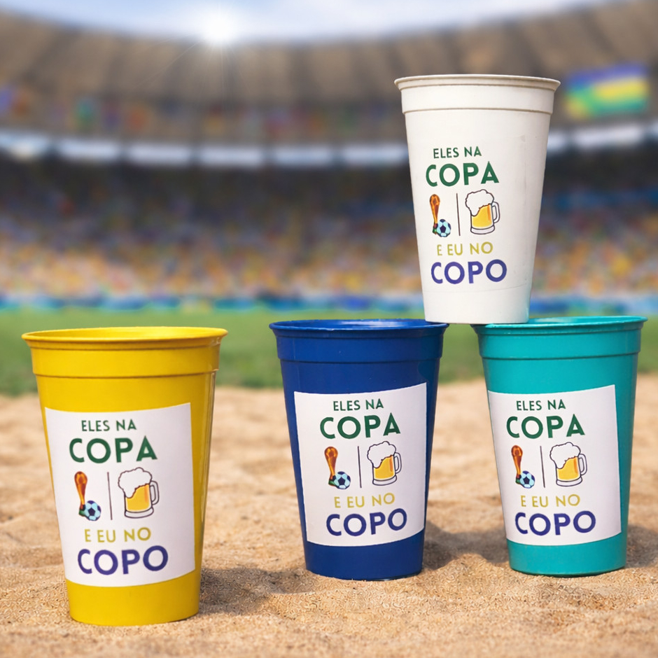 Copo long verde azul amarelo 30un reutilizavel decor eles na copa desenho taça copa torcida jogo fut