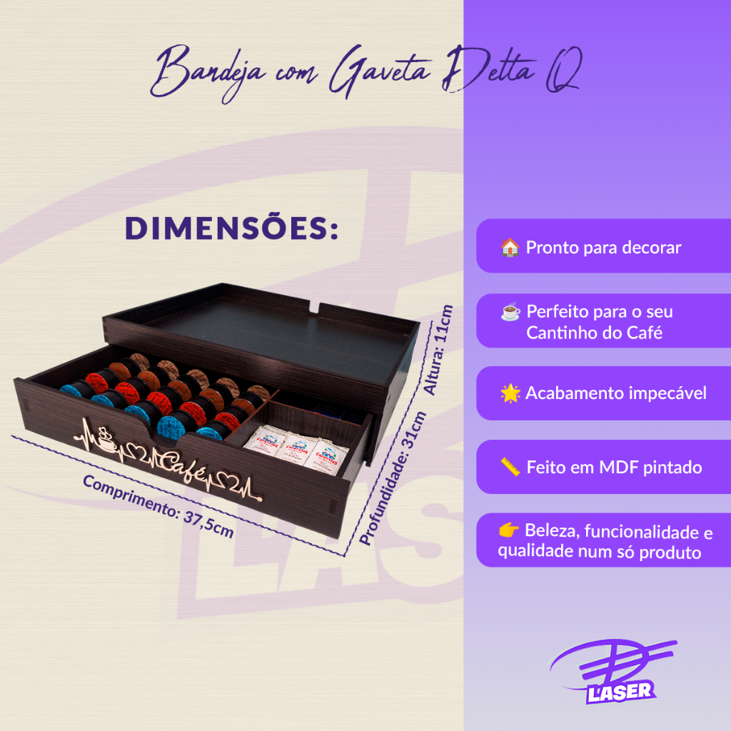 Suporte Porta Cápsulas Delta Q com Gaveta MDF Nogueira - 30 Cápsulas