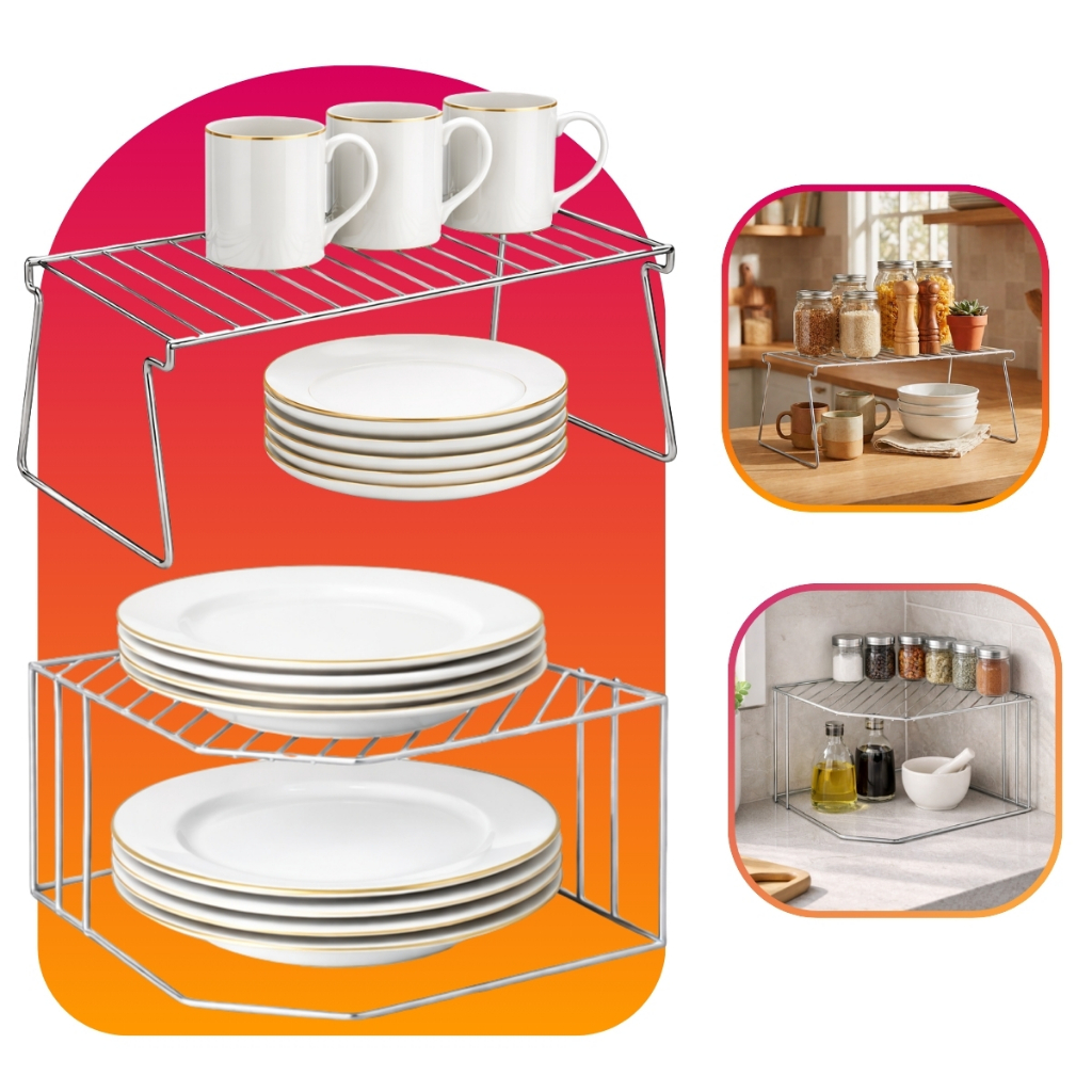 Kit Prateleira Linha Organiza E Prateleira Multiuso Arthi Cromado Para Bancada Armário Cozinha Banheiro