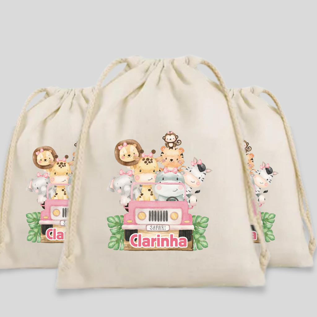 Saquinho Algodão Cru Personalizado Safari Lembrancinha Aniversário Infantil Com Nome Kit Festa Ecológico Safari Menina