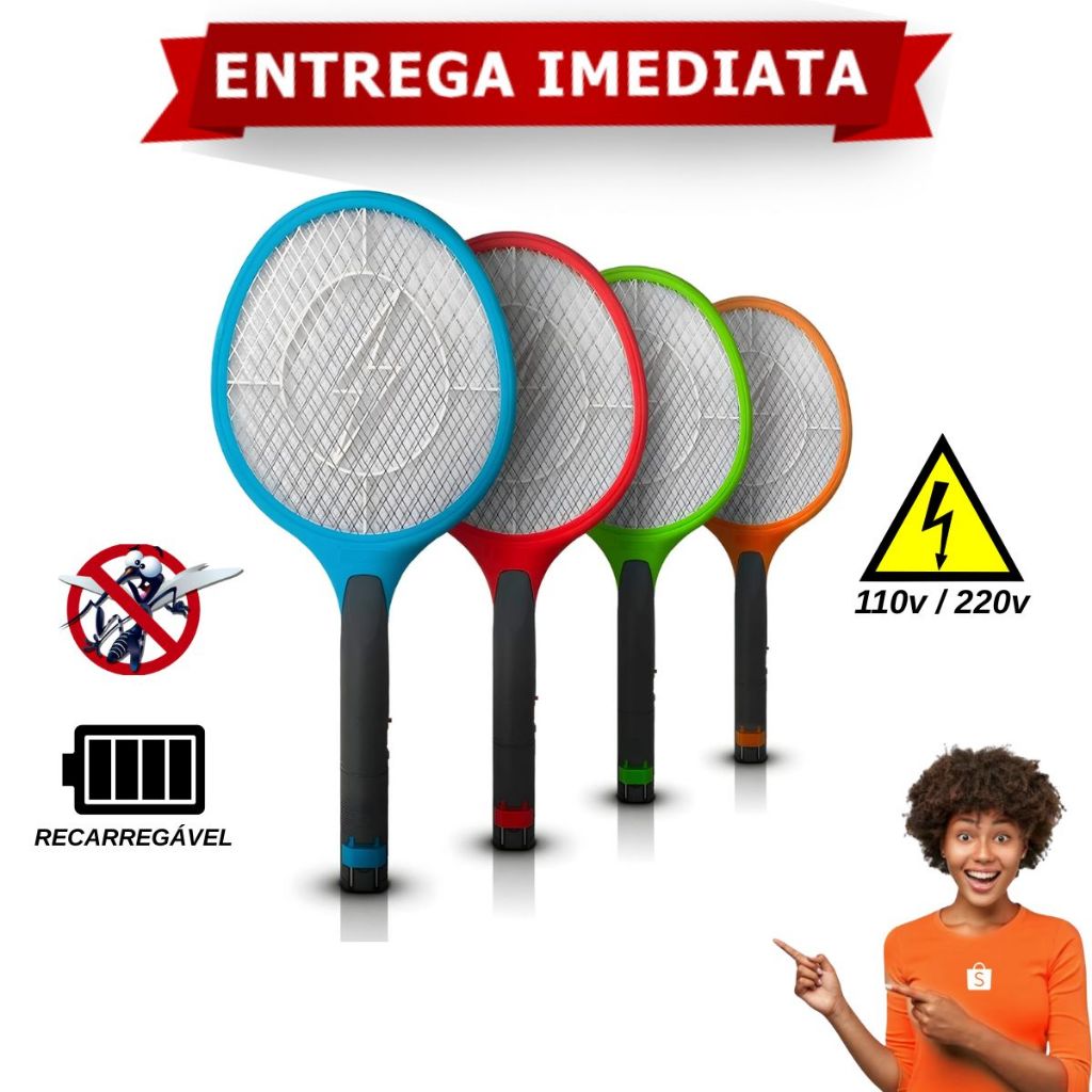 Raquete Elétrica Mosquito Dengue Baratas e Insetos Recarregável Bivolt em Oferta na Shopee