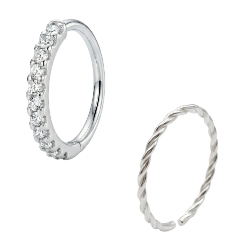KIT PIERCING PRATA 925 LEGITIMA ARGOLA CRAVEJADO + ARGOLA TORÇIDA NARIZ/HELIX ANTIALERGICO DELICADO em Oferta na Shopee