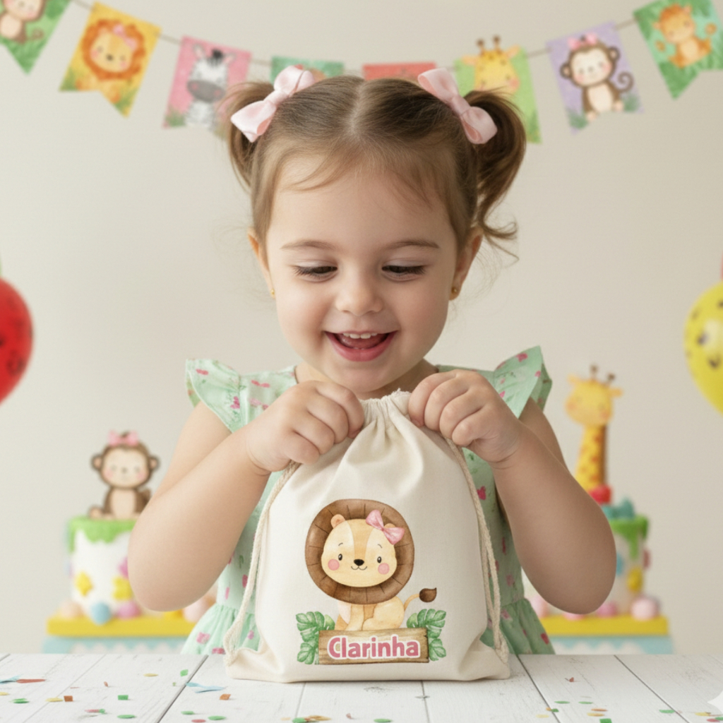 Saquinho de Algodão Cru Personalizado Tema Safari Lembrancinha Infantil Safari Menina Festa Safari