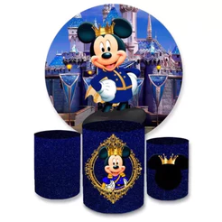 Kit Painel Redondo + Trio de Capas Sublimado Decorativo Tema Mickey Realeza