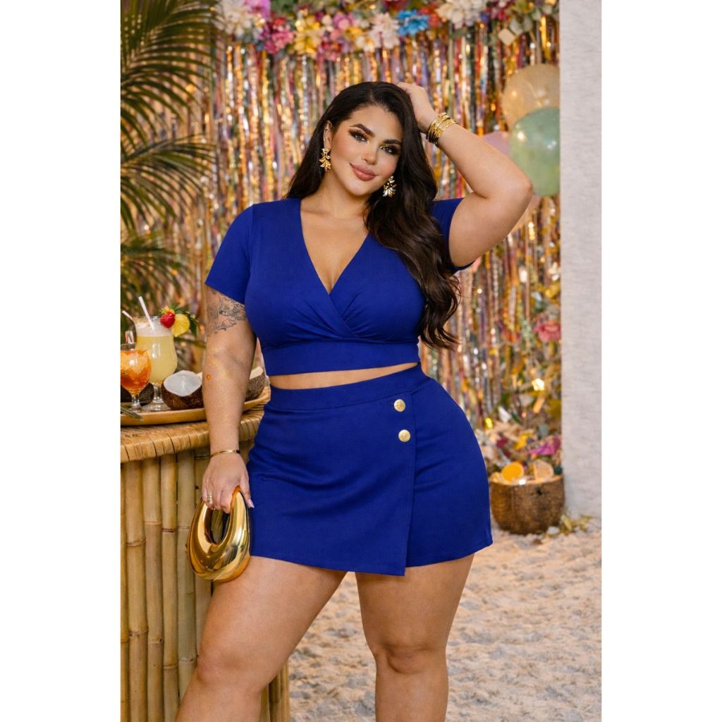 Conjunto Plus Size – Short Saia e Cropped Verão | G, GG, G1, G2 – Moda Feminina do 40 ao 54 em Oferta na Shopee