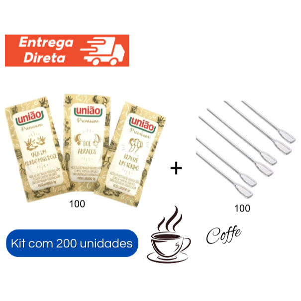 Kit com 100 Sachês de Açúcar União Premium + 100 Mexedores Descartáveis Kit com 100 Sachês de Açúcar União Premium + 100 Mexedores Descartáveis