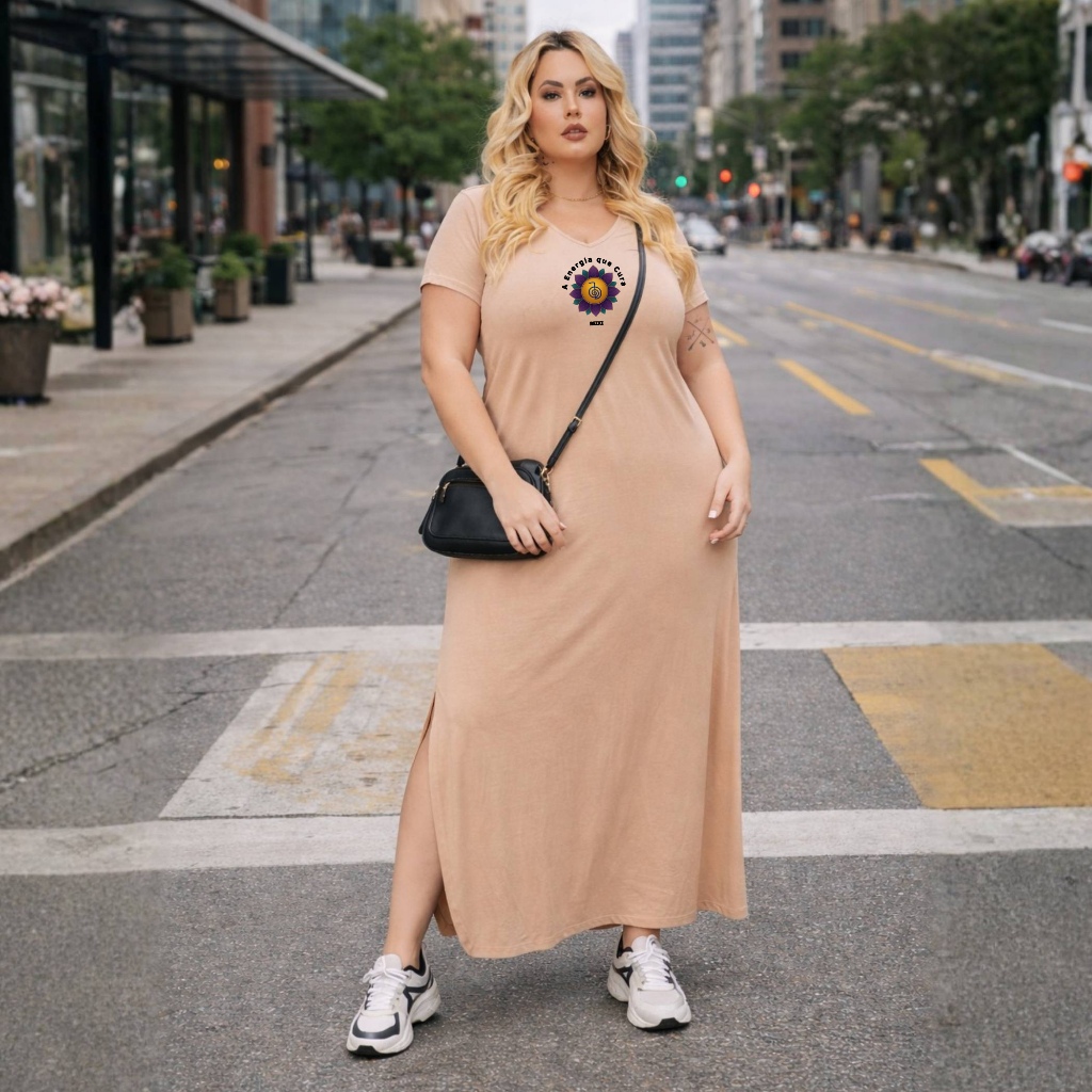 Vestido Plus Size Longo Casual Confortável Com Bolso Lateral