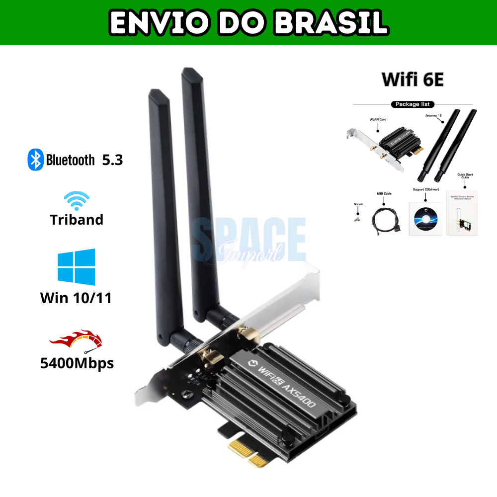 Placa Adaptador de Rede Wifi 6 + Bluetooth 5.3 Ax5400 Pcie Fenvi 6e 5G Trial Band Windows Pc PCI Express Kit Completo