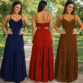 Vestido Feminino Maya Longo Possui Zíper nas Costas Tecido Duna Babado Alcinha Ajustável com Bojo Moda Mulher Verão em Oferta na Shopee