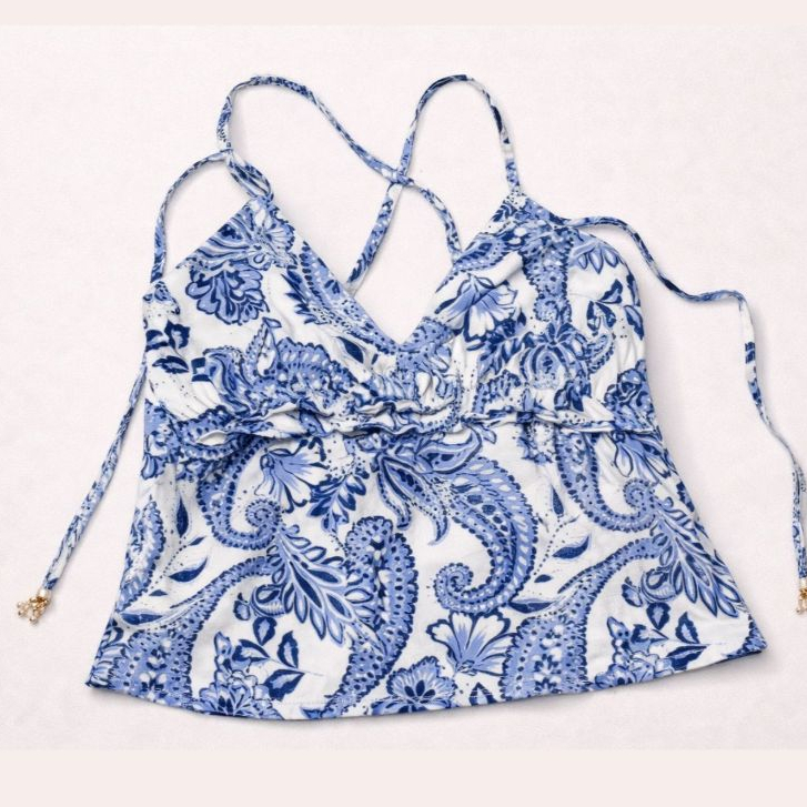 Regata em Laise Estampada com Amarração e Penduricalhos em Oferta na Shopee