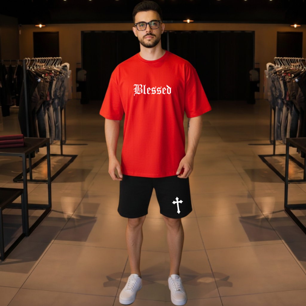 Kit Camiseta e Short Tactel Conjunto Blessed Masculino Camisa Algodão