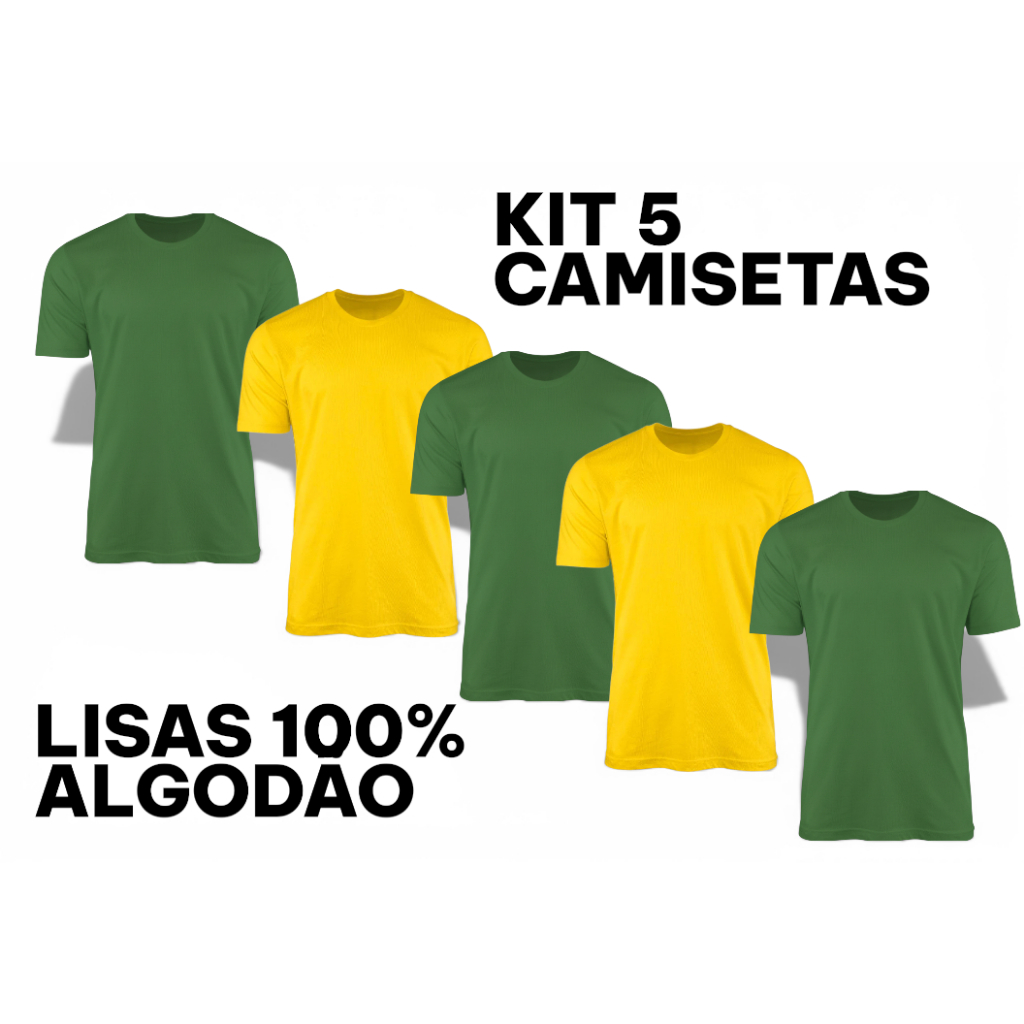 KIT 5 CAMISAS CAMISETAS PREMIUM BASICAS LISAS 100% ALGODÃO PARA SUBLIMAR VERDE AMARELA COPA PATRIOTA BRASIL BOLSONARO