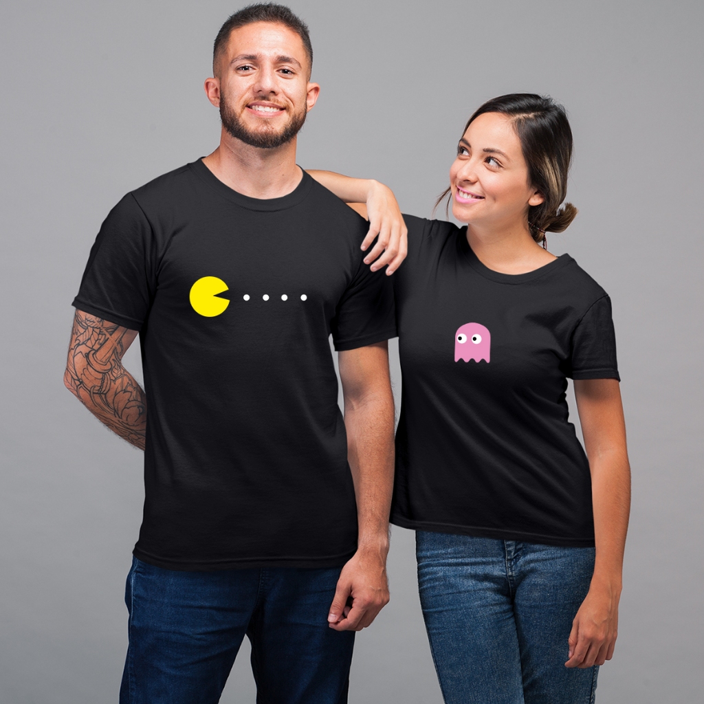 Kit Camisetas Casal Pac-Man Joguinho Divertido Metadinhas