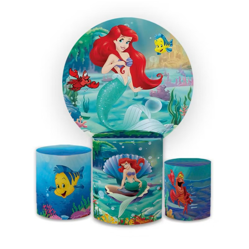 Painel Redondo + Trio de Capas Decorativas Tema Sereia Ariel Sublimado em Oferta na Shopee