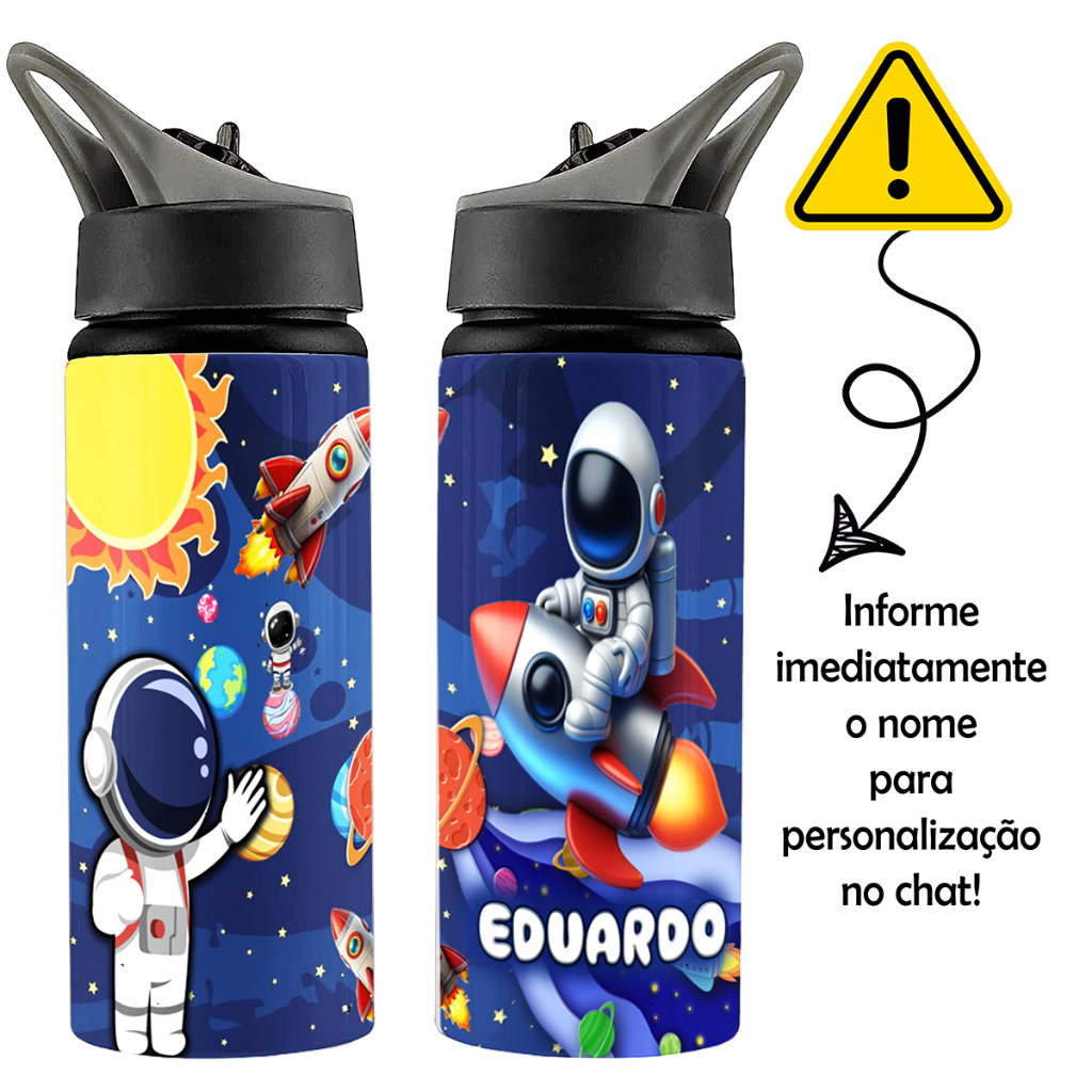 GARRAFA 600ml ALUMÍNIO PERSONALIZADO COM NOME TEMA ASTRONAUTA em Oferta na Shopee