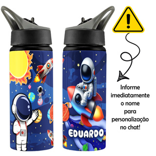 GARRAFA 600ml ALUMÍNIO PERSONALIZADO COM NOME TEMA ASTRONAUTA em Oferta na Shopee