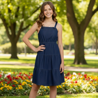 Vestido Feminino Jeans Infantil Juvenil Evasê Babado em Oferta na Shopee