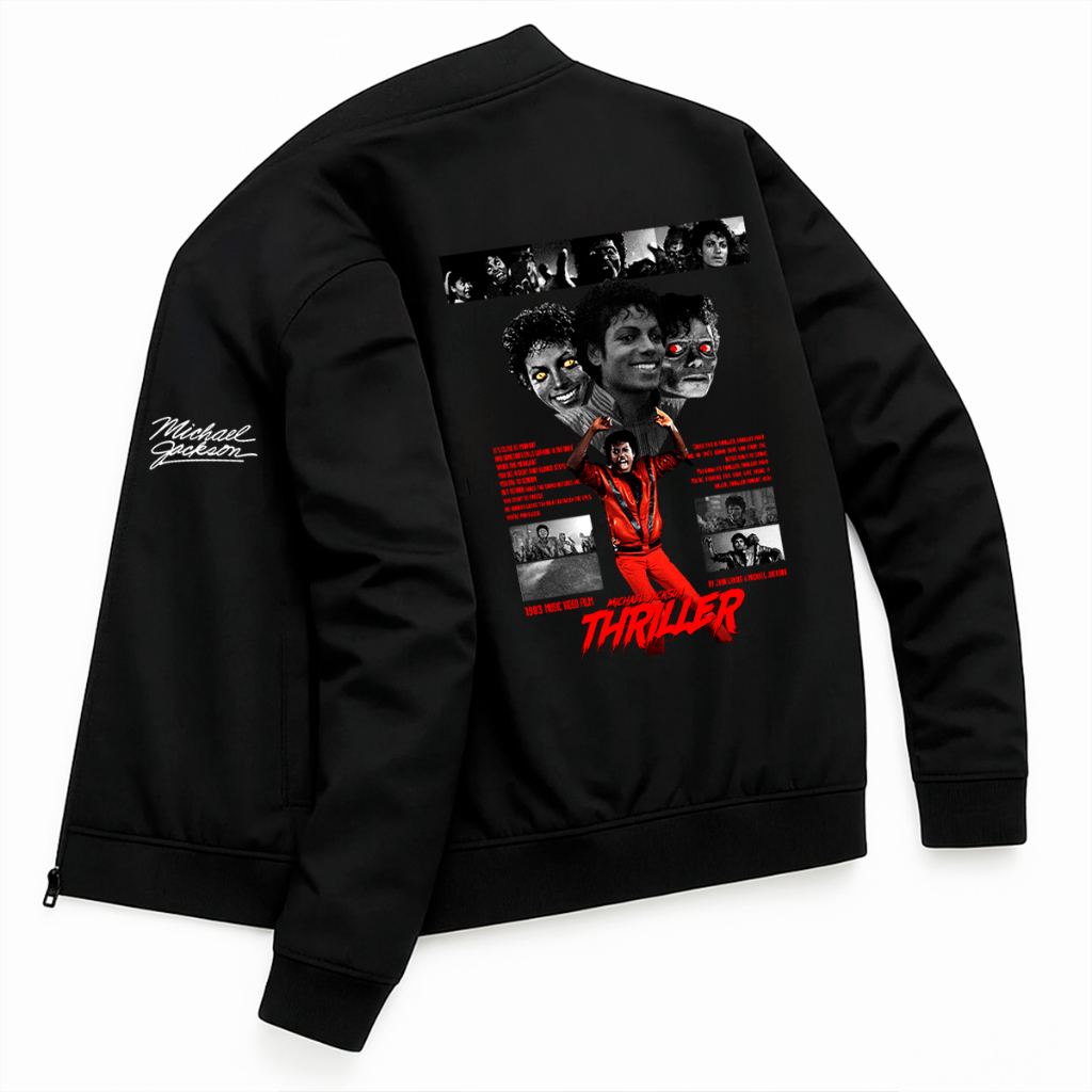 Jaqueta Michael Jackson Thriller Rei do Pop Lançamento Novo Filme 2026 Frente e Costa Album Esportiva Bomber