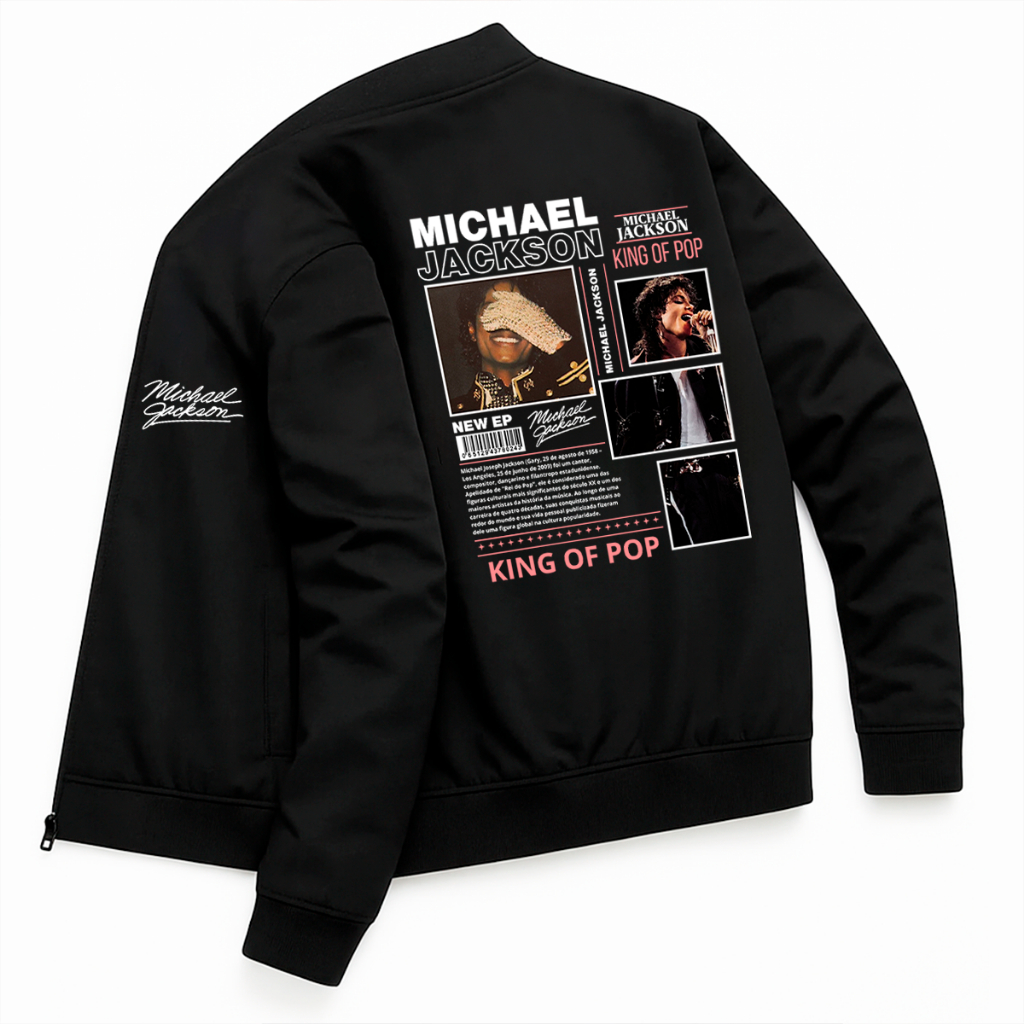 Jaqueta Esportiva Bomber Michael Jackson Rei do Pop King Lançamento Filme 2026 Frente e Costa Thriller Dangerous