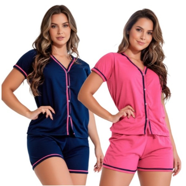Kit 2 Pijamas Americano Amamentação Baby Doll meia manga com botões em Malha Cores Sortidas