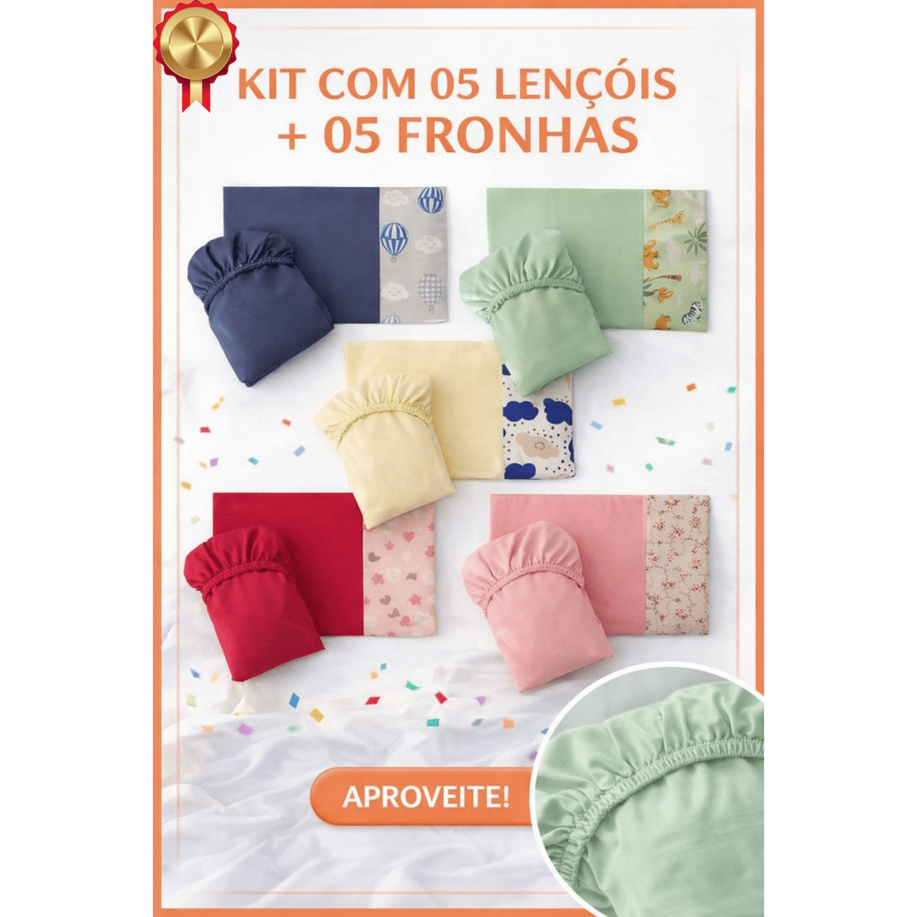 Kit 5 Jogos Lençol Berço Americano + Fronha | Microfibra | Cores Variadas