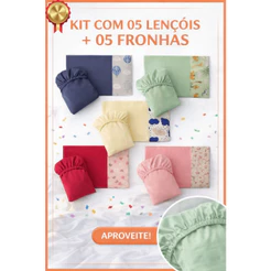 Kit 5 Jogos Lençol Berço Americano + Fronha | Microfibra | Cores Variadas